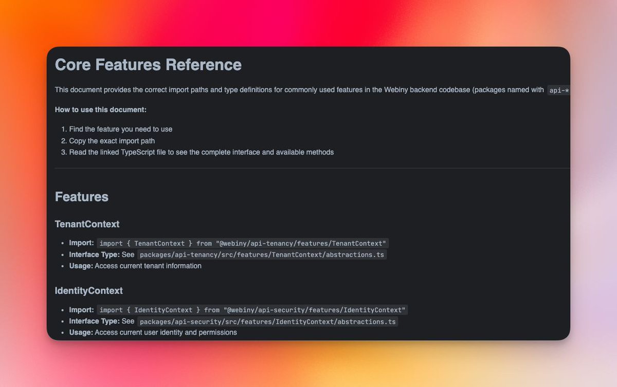 WebinyCMS's tweet image. To ensure generated code has the right import paths and uses existing methods, create a reference file with common features. Point AI to the file with type declarations to avoid mistakes.
