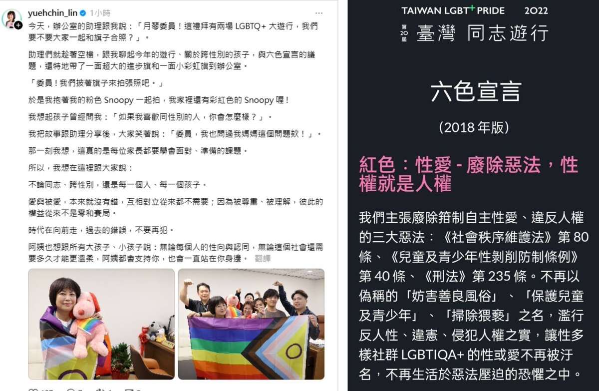 撿圖

以兒少福祉為賣點的民進黨不分區第一名林月琴發文支持挺戀童、挺免術換證、挺代理孕母的同志遊行

又是一個倀鬼，被罵只是剛好，還支持跨性別兒童哩ㄍ
就知道這個黨，這些人在意的到底是甚麼