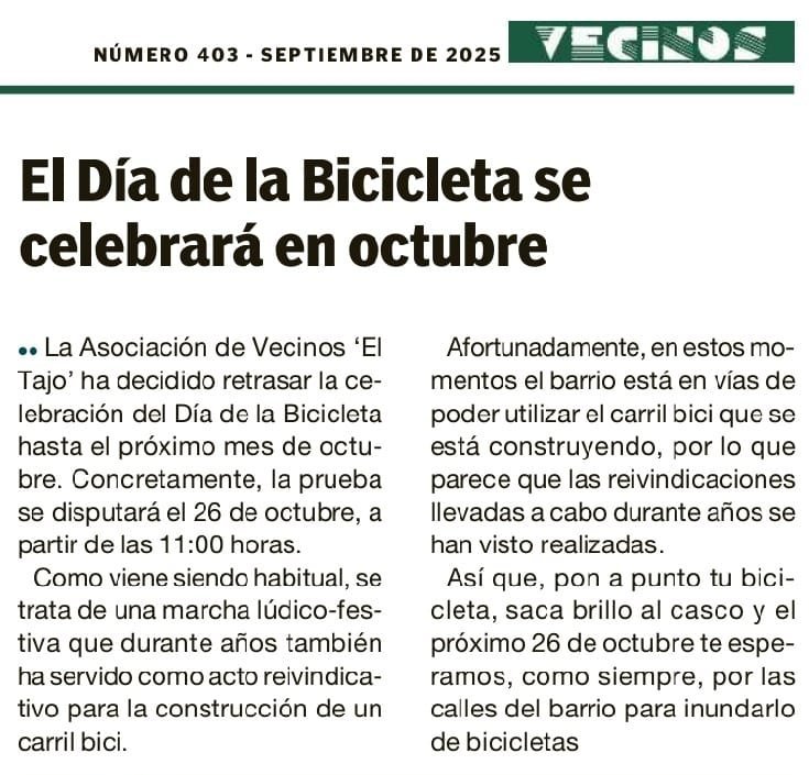 Mañana os esperamos, y es la número 16, en el día de la bicicleta en El Polígono. 
El reivindicado carril bici de otras ediciones ya tiene cuerpo de realidad; ahora por la mejora y fomento de las ciclo calles, el cierre de un circuito ciclista, señalización del carril Boladiez...