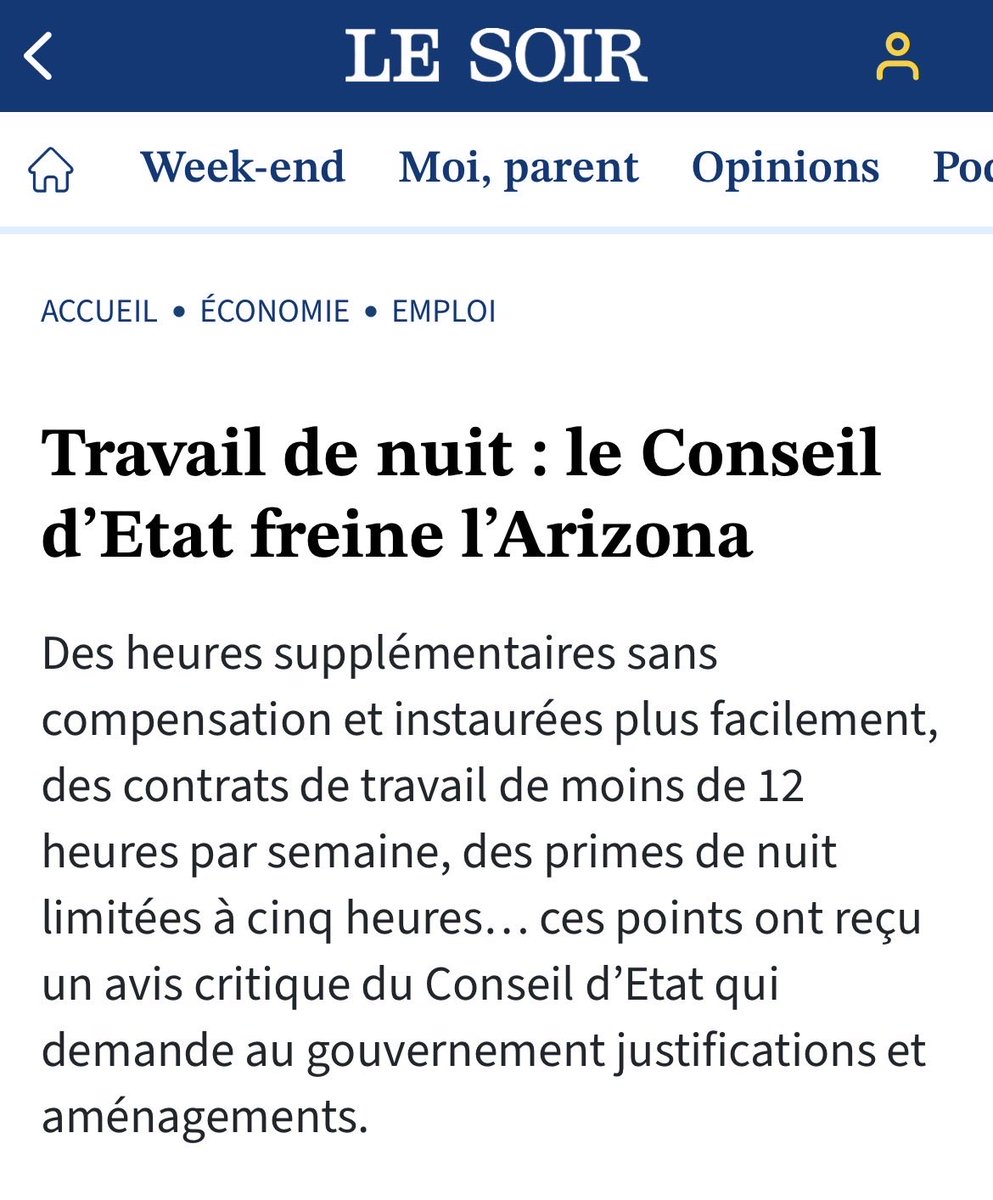 BenjPestieau's tweet photo. Le gouvernement Bouchez-De Wever pour le marché du travail ? 
Voici un résumé dans Le Soir d’aujourd’hui:
> Des heures supplémentaires sans contrôle et sans compensation 
> Des contrats de moins de 12 heures
> Des nuits raccourcies à 5 heures (car dans le monde De Bouchez et De Wever, on dort seulement cinq heures par nuit).
>…. 

Et bien tout ça ne passe pas la rampe du Conseil d’Etat :

Les heures supplémentaires ?
Le projet va à l’encontre de la directive européenne 2003/88/CE qui fixe les limites journalières et hebdomadaires maximales de la durée de travail.

La suppression des primes pour les heures supplémentaires ?
Ce supplément de rémunération en dehors des heures normales de travail est garanti par la Constitution et la Charte sociale européenne révisée.

Le limitation de la nuit à  5 heures? 
Le Conseil d’Etat rappelle que, selon l’article 8 de la convention n°171 de l’OIT (Organisation internationale du travail), des compensations doivent être accordées aux travailleurs pour les prestations nocturnes. Et, eu égard à la définition donnée du travail de nuit par ladite convention, « une telle compensation doit être octroyée pour une période d’au moins sept heures consécutives ».

Etc.