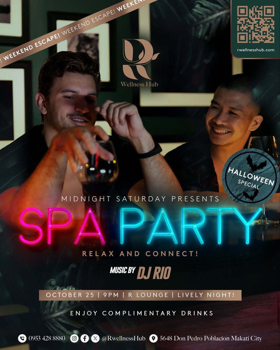 RwellnesHub's tweet image. Gentlemen, this is not your ordinary Saturday! It’s the SPA Party Halloween Special. 🎃

Steamy beats, mystery, and pure relaxation await you tonight. 🖤 

For reservations/inquiries , kindly contact the R Wellness Hub hotline at (0953-428-8880) 🖤

#RWellnessHub