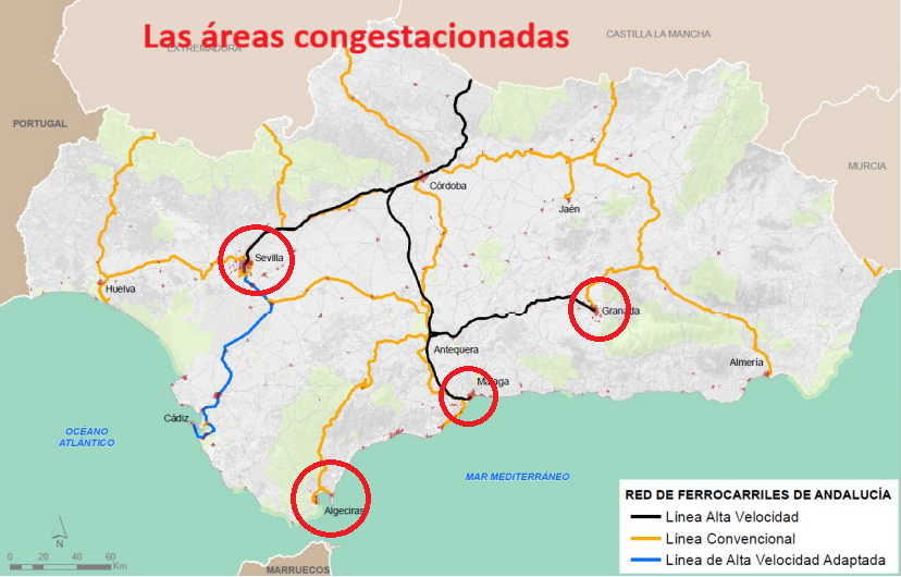 1⃣ Congreso de Infraestructuras del Transporte de Andalucía: El colapso de tráfico es el gran problema en las áreas metropolitanas de Sevilla, Málaga y Granada. El peso del transporte público en la movilidad de estas áreas solo supone del 10 al 15%. El transporte de mercancías se