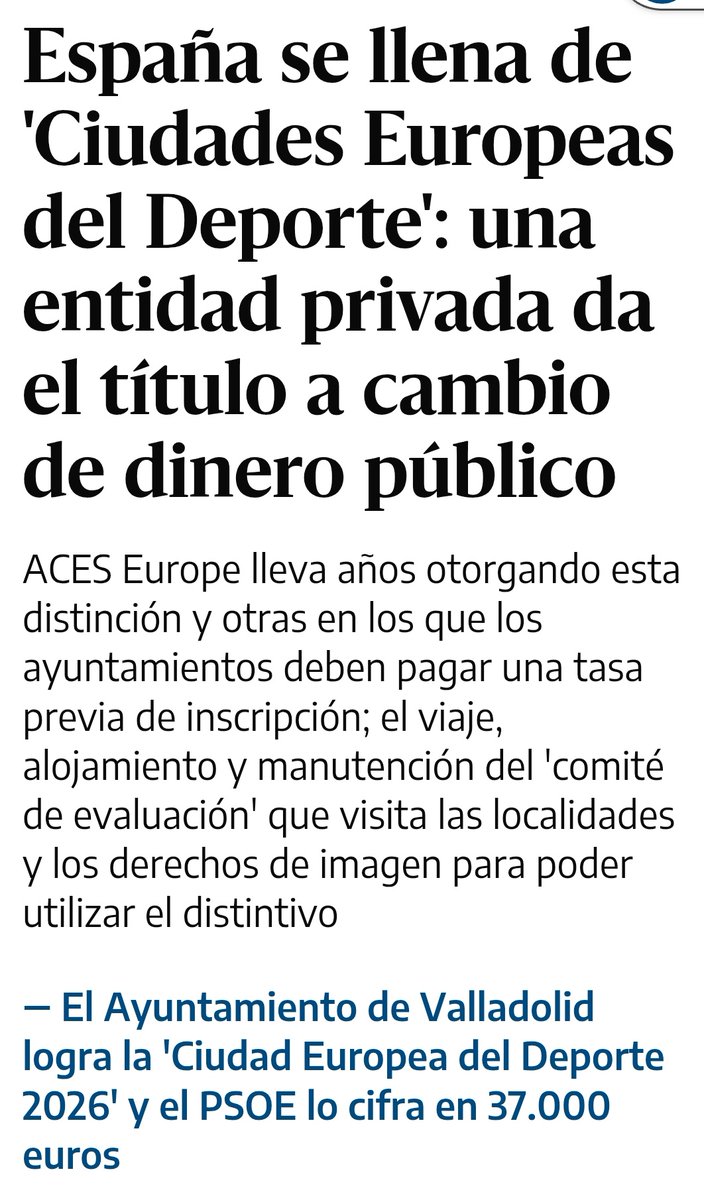 Carnero pensó que comprando por 37.000 € una distinción no oficial que tiene media España de "ciudad europea del deporte" valdría para que todos olvidaran sus promesas electorales incumplidas.
👉🏻 Y lo va a seguir pensando.