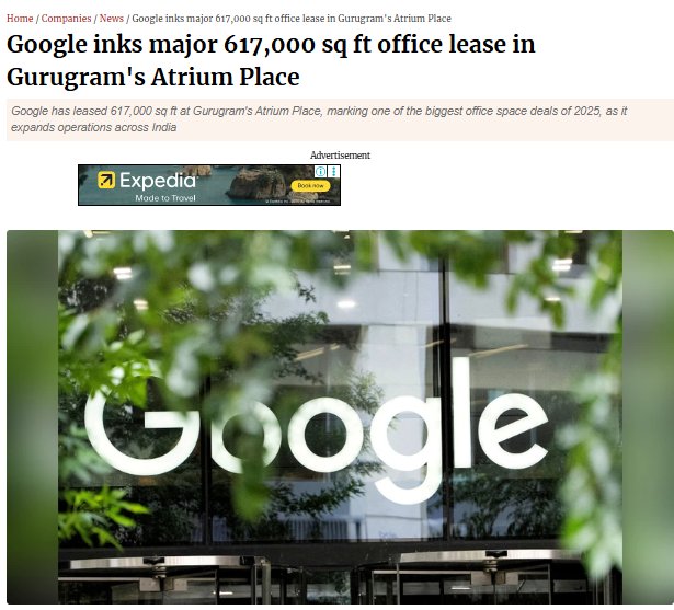 NoidaUpdatesX's tweet image. Google keeps expanding in NCR, leased another office in Gurugram 🔥

This time 6.17 lakh sq ft at DLF Hines Atrium Place

One of largest corporate deals of year and another one after they took 5.34 lakh sq ft in Intellion park Gurgaon