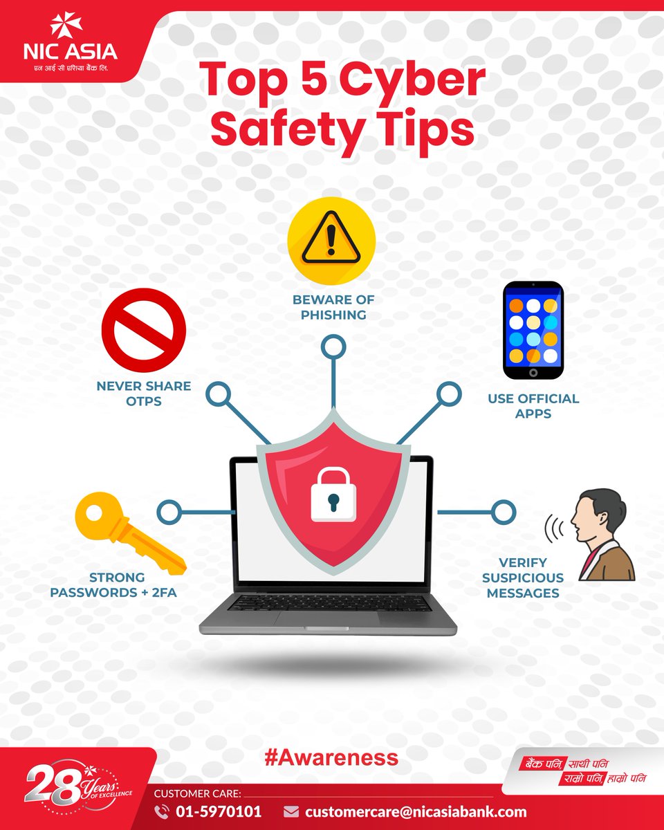 Think before you click!
Follow these cyber safety tips to protect your personal and financial information from online threats.

#NICASIABank #DigitalFirst #SecureFestivities #CyberSuraksha #Awareness