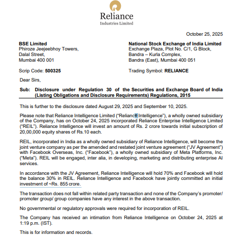 CNBCTV18Live's tweet image. #JustIN | #RelianceIntelligence Incorporates Reliance Enterprise Intelligence In India

--REIL Will Become JV Co As Per Amended JV Agmt With Meta Platforms

--REIL Will Be Engaged In Developing, Marketing &amp;amp; Distributing Enterprise #AI Services

--As Per JV Agmt, Reliance