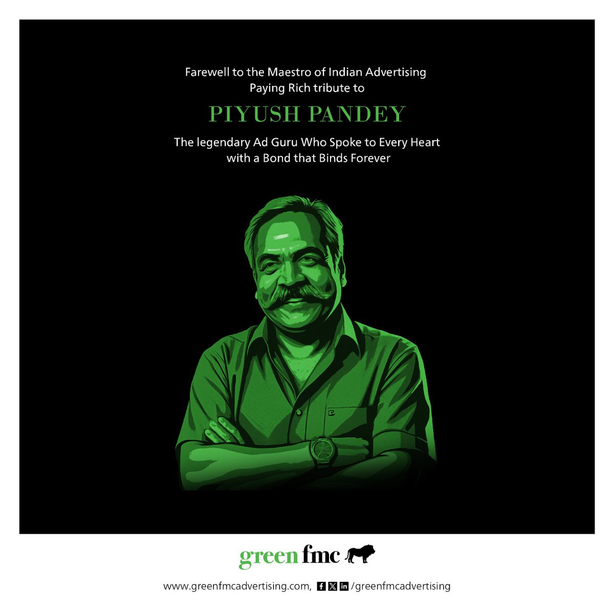 GreenFMC_Hyd's tweet photo. Farewell to the legend of Indian advertising — Piyush Pandey.
A creative visionary whose words shaped brands and inspired generations.
His legacy will forever echo in every heartfelt ad that touched India.

#PiyushPandey #AdvertisingLegend #AdIndustry #CreativeGenius #GreenFMC https://t.co/8gCjiMorJy