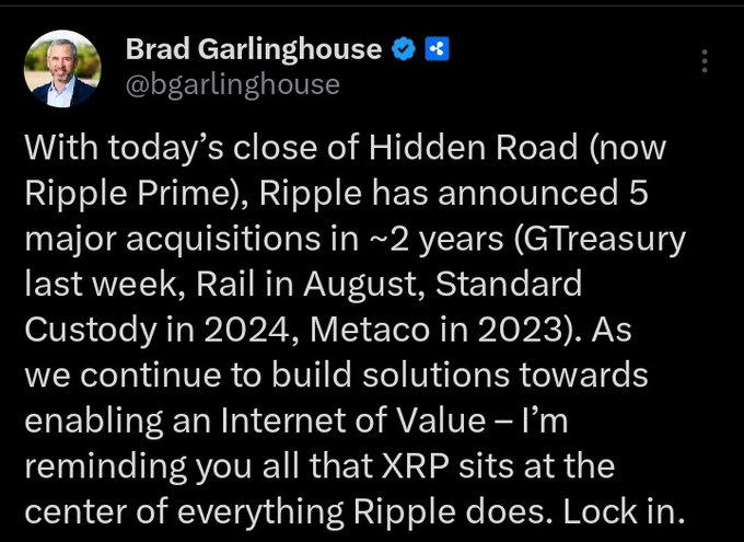 🚨Brad Garlinghouse just dropped a reminder — $XRP is the CORE of Ripple’s entire mission. 💥

With 5 major acquisitions in 2 years, the Internet of Value isn’t a dream anymore — it’s loading in real time. 

 #XRP #XRPCommunity
