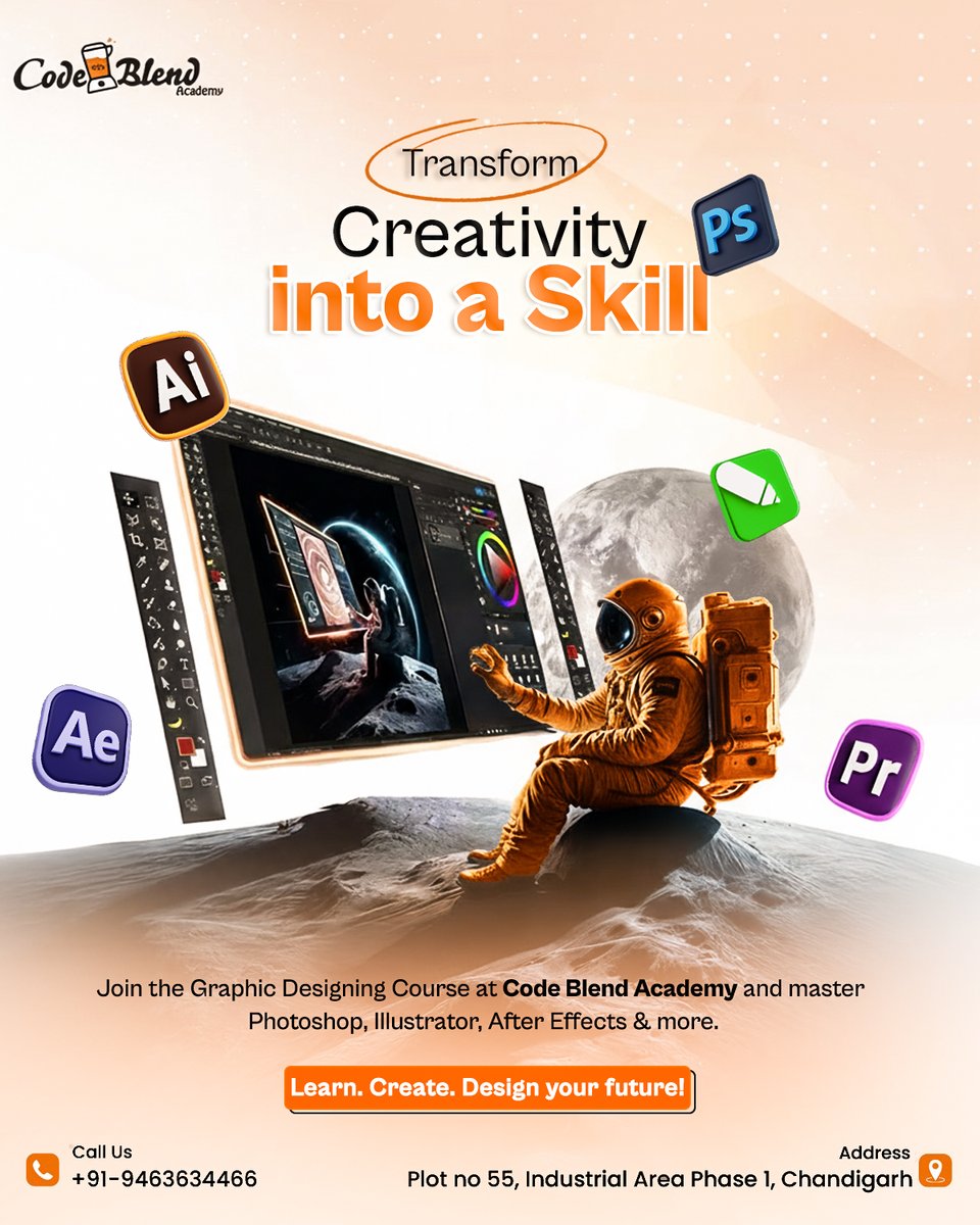 CodeblendA's tweet image. Turn your imagination into stunning designs!
Join Code Blend Academy Graphic Designing Course and master tools like Photoshop, Illustrator, After Effects &amp;amp; more.
Learn. Create. Design your future!

📍 Location: Plot no. 55, Industrial Area Phase 1, Chandigarh
📞 Call: 9463634466