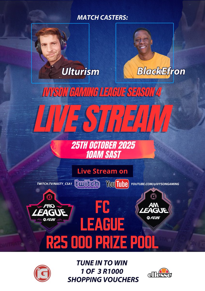 Catch all the FC26 action live on Twitch and Youtube today at 10am! ⚽️🏟🔥 

Exciting prizes to be won on stream 🎁🔥 

Twitch.tv/nasty_csa1 
Youtube.com/@ivysongaming 

#IvysonGamingLeagueSeason4