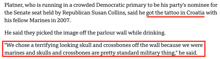 Кандидат Демократа за сенатора из Мејна, бивши маринац, био у Хрватској 2007. и тамо ладно истетовирао ”Totenkopf”. 
Све би остало тајна да прије пар година, у правом јенки стилу, није го до паса држао говор на свадби свог брата и онда све окачио онлајн. 
bbc.com/news/articles/…