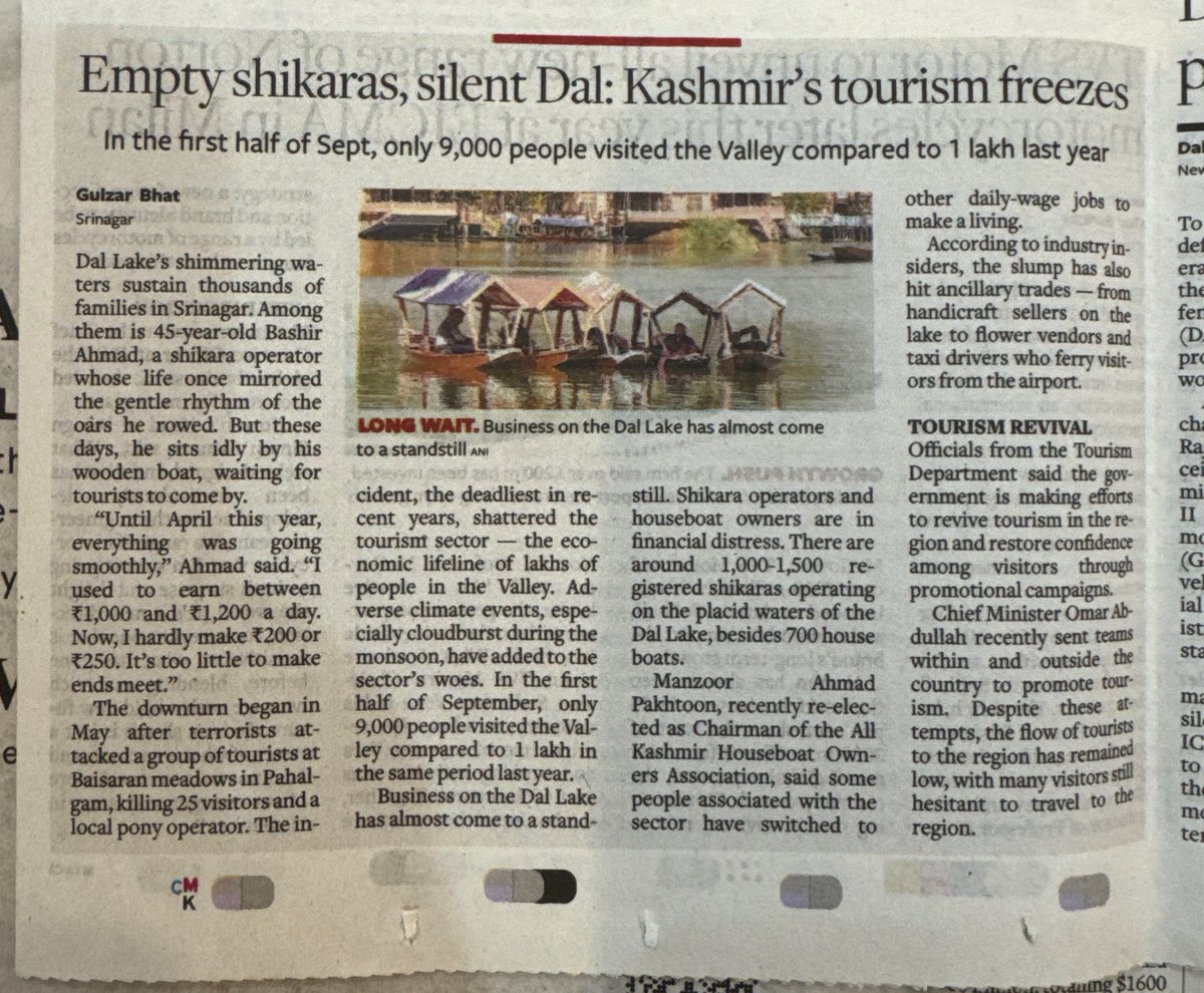 rishibagree's tweet image. Kashmir Tourism down by 90% after Pahalgam massacre of Hindus tourists. 

Kashmiris should realise that one should not bite the hand which feeds them.

They are the biggest loser when they collude with terrorists to target innocent tourists who are there to boost their economy.