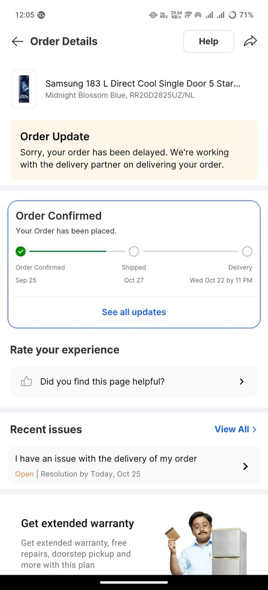 DebasishDalei3's tweet photo. @Flipkart @flipkartsupport
I placed a prepaid order (Order ID: OD435563076387367100, Samsung 183L Refrigerator) on Sep 25. Delivery was promised by Oct 22, but it’s been delayed multiple times — now extended to Oct 27 with no shipment yet!
#Flipkart #CustomerRights https://t.co/YNUyAHlJcv