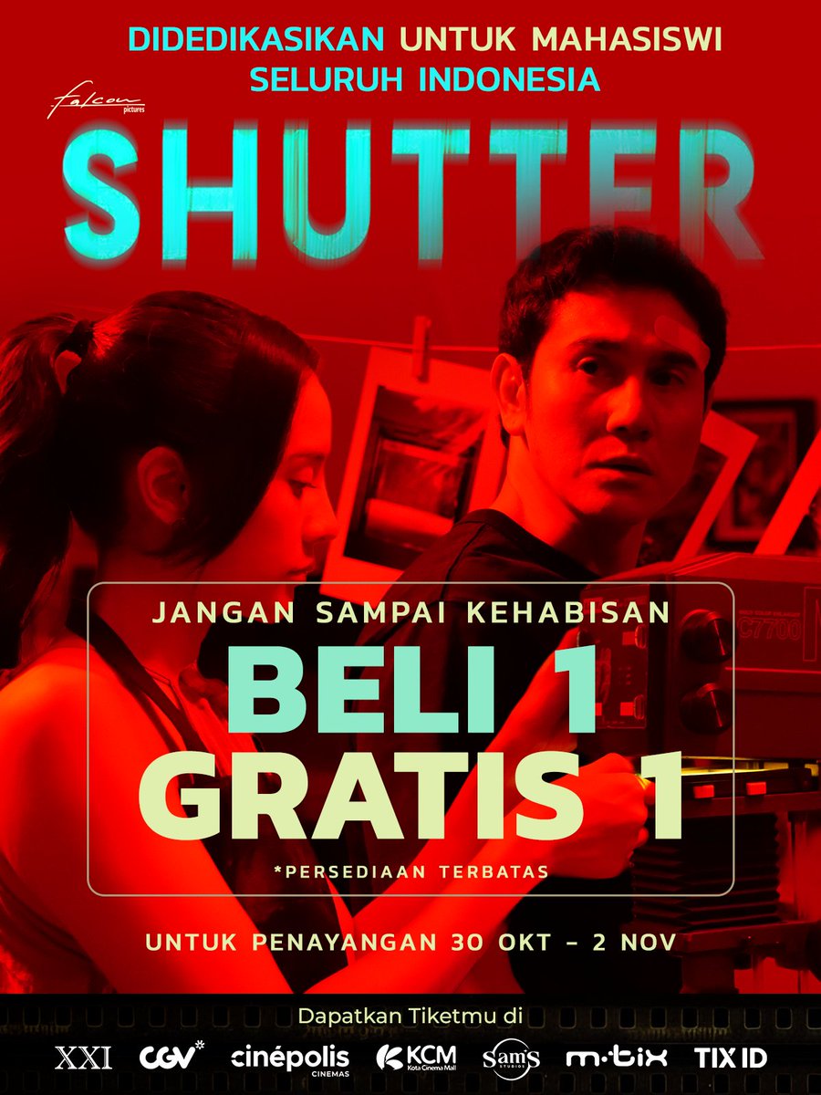 moviegoersID's tweet image. Didedikasikan untuk mahasiswi seluruh Indonesia

Jangan nonton sendiri, gunakan ”BELI 1 GRATIS 1” untuk tiket nonton film #SHUTTER di bioskop kesayangan kalian. 

Jangan sampai kehabisan, B1G1 ini berlaku untuk penayangan 30 OKT - 4 NOV.

Film #Shutter 📸🧟‍♀️
Tayang 30 Oktober di
