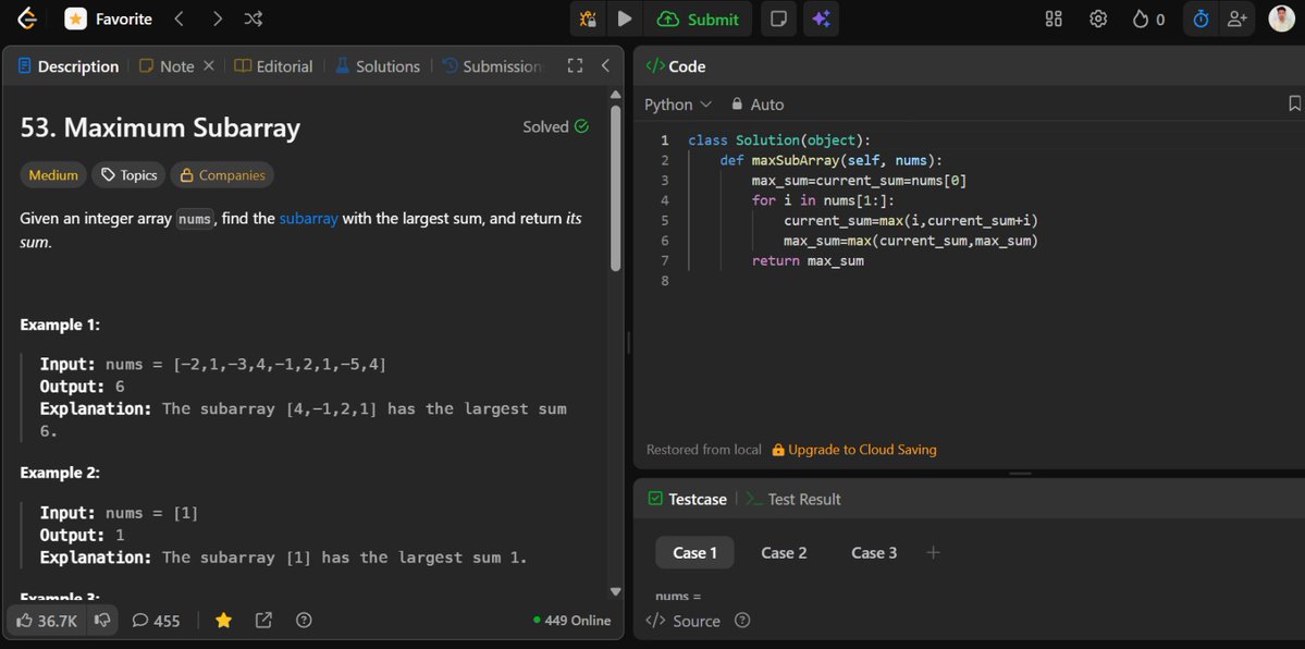 GopiChandDev's tweet image. Day 11✅
Solved LeetCode 53: Maximum Subarray 
#LeetCode #DSA