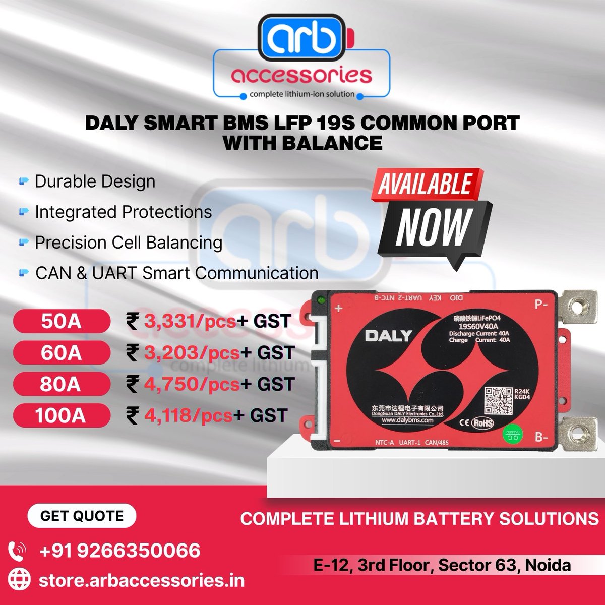 arb_ltd's tweet image. ⚡ DALY Smart BMS 🔋

🔹 DALY SMART BMS LFP 19S 50A 60A 80A 100A
🔹 DALY SMART BMS LFP 20S 40A 60A 100A
🔹 DALY SMART BMS LFP 23S   40A 50A 60A 80A 100A
🔹 DALY SMART BMS LFP 24S 40A 50A 60A 100A

🛒 Buy Now:
store.arbaccessories.in/category/daly-…

#Arbaccessories #DALYBMS #SmartBMS