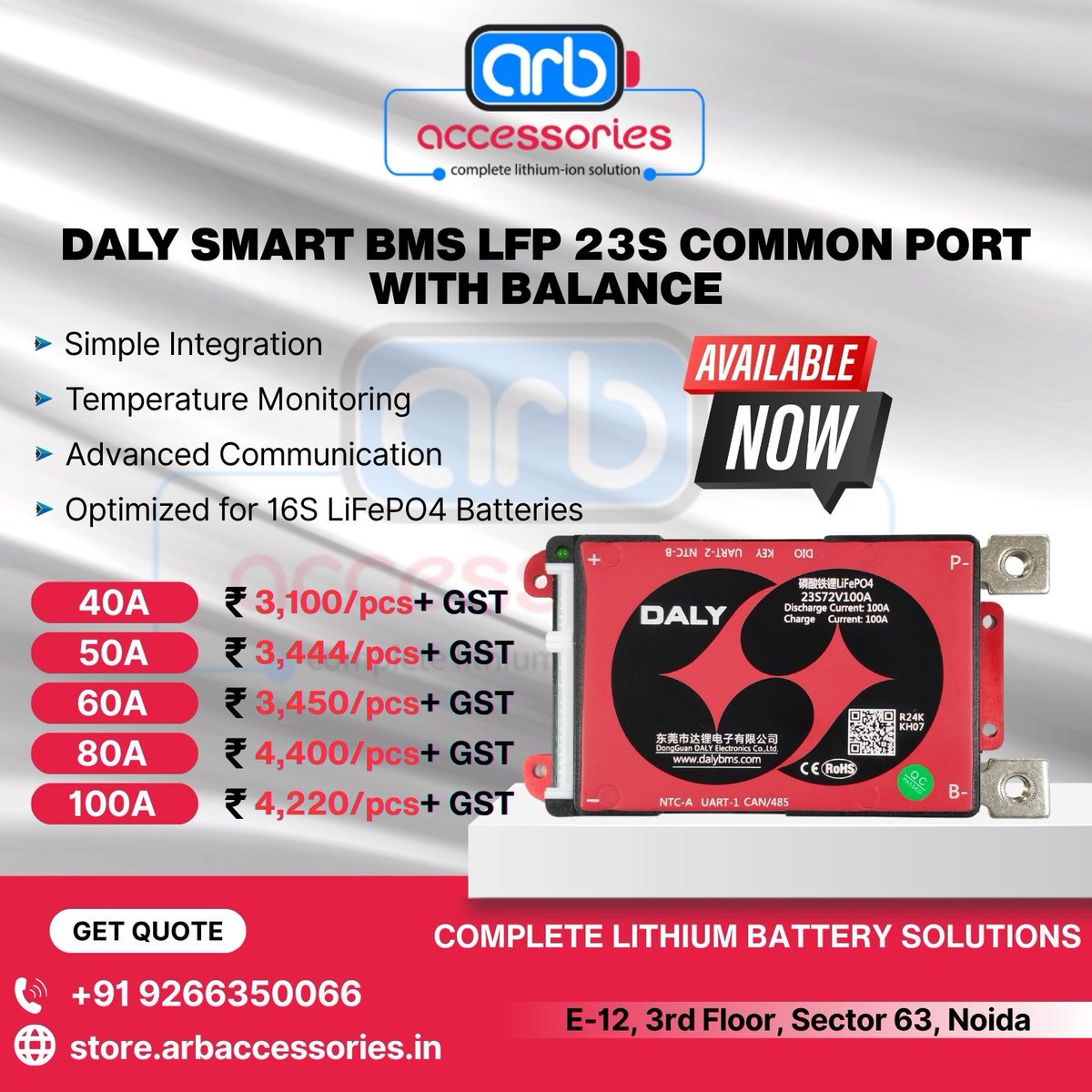 arb_ltd's tweet image. ⚡ DALY Smart BMS 🔋

🔹 DALY SMART BMS LFP 19S 50A 60A 80A 100A
🔹 DALY SMART BMS LFP 20S 40A 60A 100A
🔹 DALY SMART BMS LFP 23S   40A 50A 60A 80A 100A
🔹 DALY SMART BMS LFP 24S 40A 50A 60A 100A

🛒 Buy Now:
store.arbaccessories.in/category/daly-…

#Arbaccessories #DALYBMS #SmartBMS