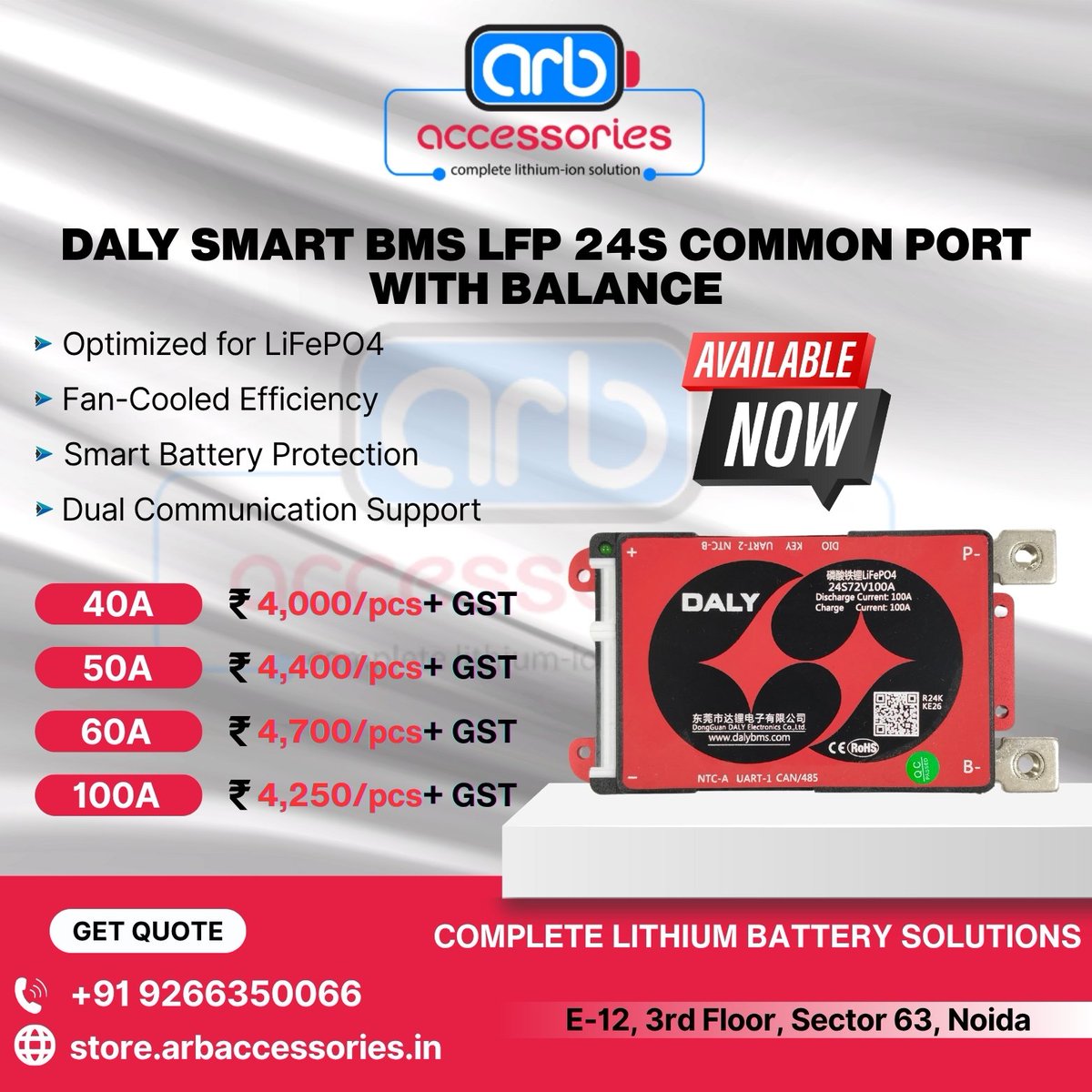 arb_ltd's tweet image. ⚡ DALY Smart BMS 🔋

🔹 DALY SMART BMS LFP 19S 50A 60A 80A 100A
🔹 DALY SMART BMS LFP 20S 40A 60A 100A
🔹 DALY SMART BMS LFP 23S   40A 50A 60A 80A 100A
🔹 DALY SMART BMS LFP 24S 40A 50A 60A 100A

🛒 Buy Now:
store.arbaccessories.in/category/daly-…

#Arbaccessories #DALYBMS #SmartBMS
