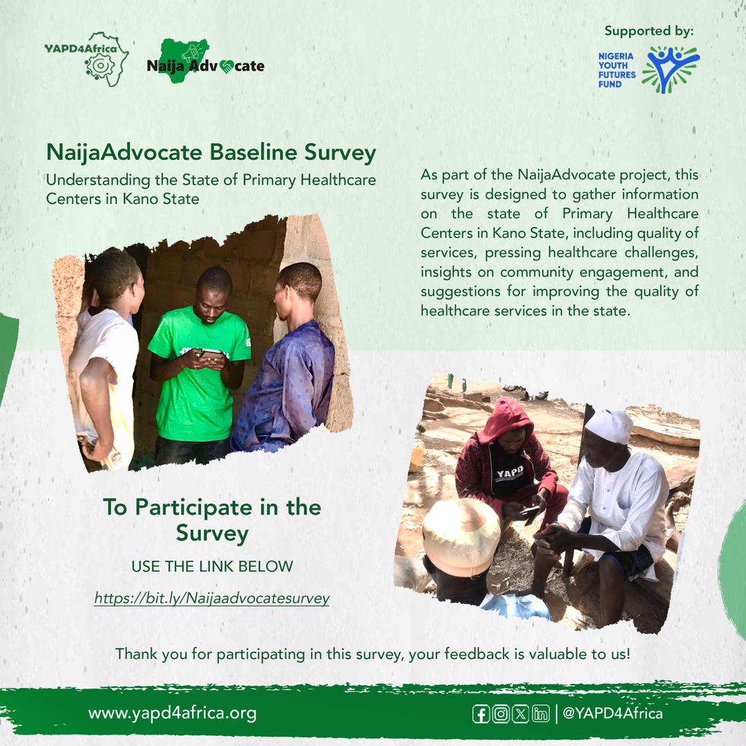 YAPD4Africa's tweet photo. We want to hear from you👨💻
Are you a resident of Kano State, it will take you just few minutes to complete the survey here👉🏾: https://t.co/ezkzX2Mytm
When you are finished, drop an emoji & challenge someone from Kano State to take the survey.
#NYFF #NaijaAdvocate #FixTheirPHCs https://t.co/pfSpew8Jbj