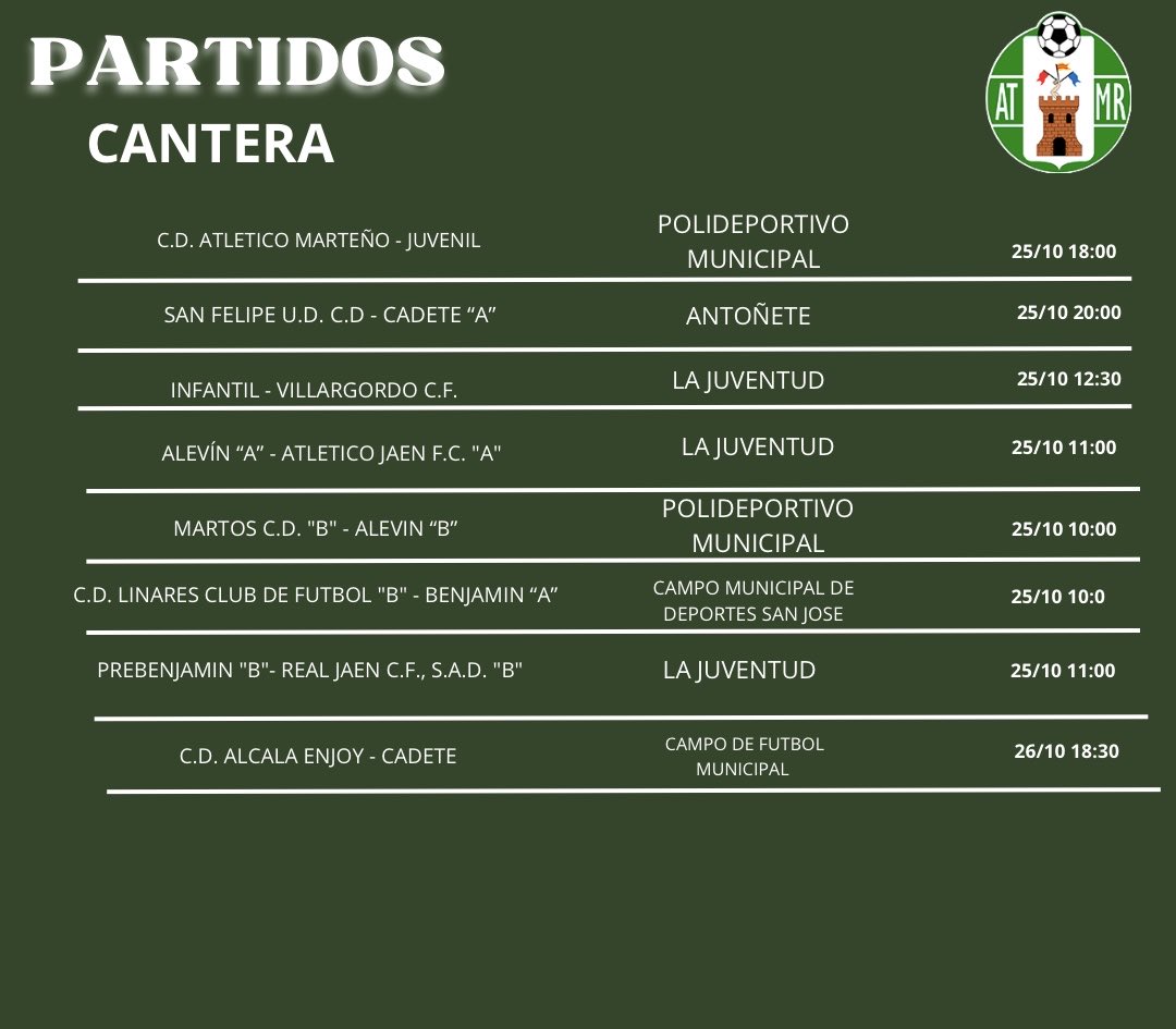 ℂ𝔸ℕ𝕋𝔼ℝ𝔸 𝕍𝔼ℝ𝔻𝔼

PARTIDOS DE NUESTRA CANTERA PARA ESTE SÁBADO Y DOMINGO 💚⚽️

#CanteraVerde 👫

#somosmanchareal💚💜