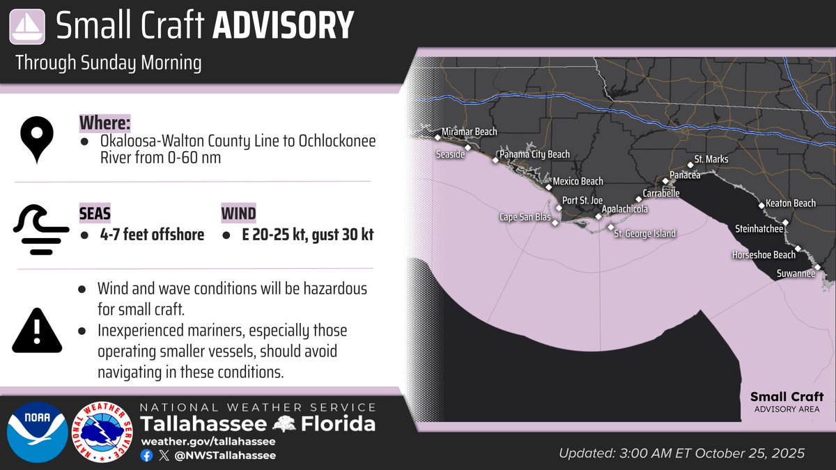 10/25 6:00 am ET - Hazardous marine conditions for small craft and swimmers will continue through the weekend due to strong east breezes of 20-25 knots and elevated surf at the beaches. There is a high risk of rip currents.  #FLwx