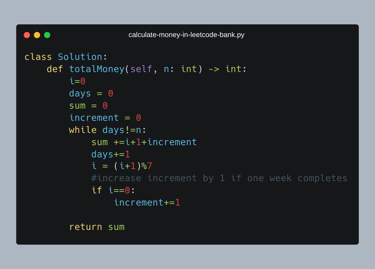 piyushmalik34's tweet image. Day 22 of #100daysofcoding: 💰 Calculating Money In LeetCode Bank!  
📍 Approach: Simulate daily deposits, increase weekly by tracking days & reset weekly cycle 🗓️  
⏱️ O(n) time, O(1) space — efficient and straightforward! #learninpublic