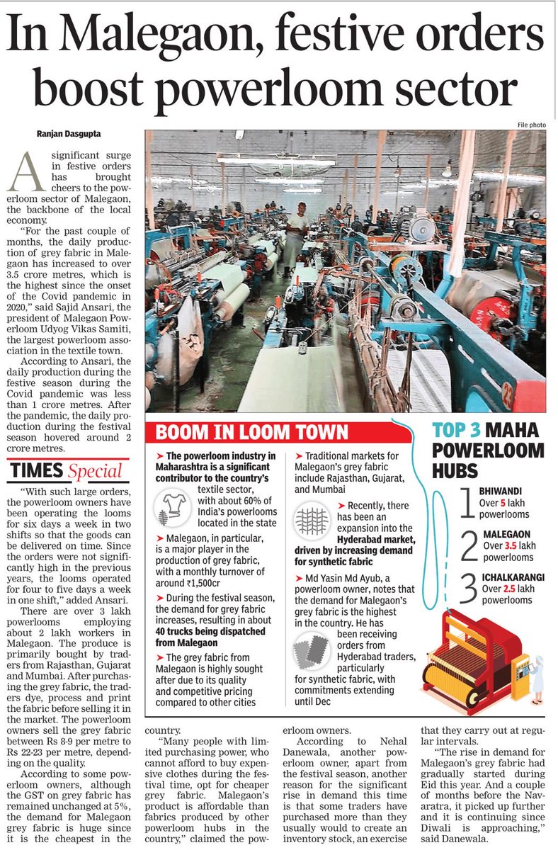 girirajsinghbjp's tweet image. Malegaon’s 3.5 lakh powerlooms and 2 lakh workers are driving India’s textile surge. This festive season, daily output has touched 3.5 crore metres, producing grey fabric worth ₹1,500 crore a month. In a state that powers 60% of India’s textile industry, Malegaon leads the…