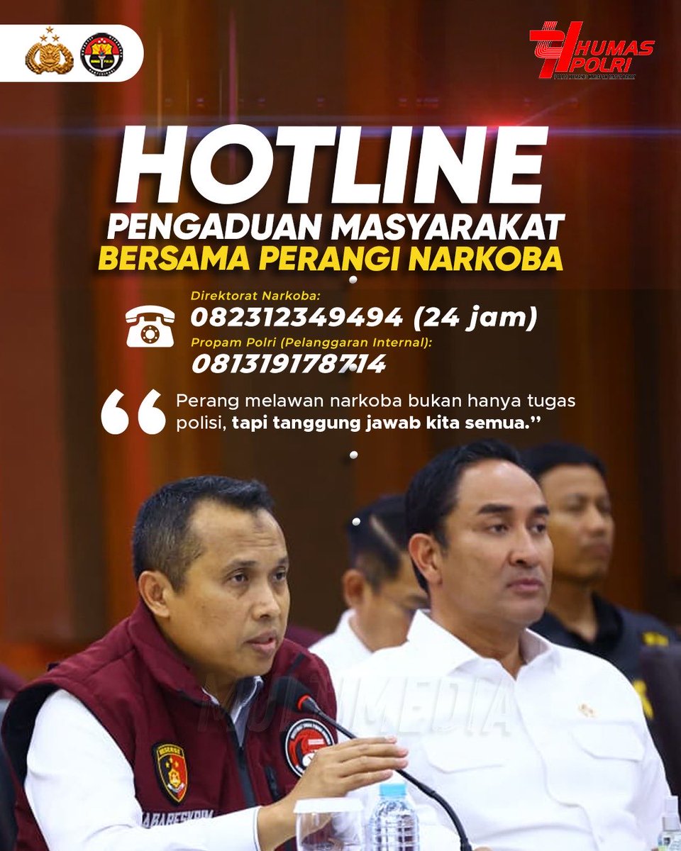Bareskrim Polri membuka hotline pengaduan bagi masyarakat terkait peredaran dan penyalahgunaan narkoba. Kabareskrim Polri, Komjen Pol. Drs. Syahardiantono, M.Si. Wujud nyata komitmen Polri untuk #TotalitasTegakkanHukum