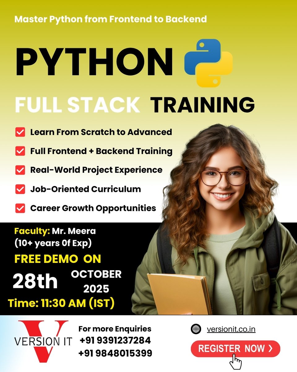 VersionitCloud's tweet image. 🚀 Master Python from Frontend to Backend!
Join our Python Full Stack Training in Hyderabad 
📅 Free Demo: 28th October 2025 | 🕒 Time: 11:30 AM (IST)
📞 Call: +91 9848015399
🌐 Visit:  versionit.co.in/python-full-st…
👉 Register Now 
#PythonFullStackTraining #PythonTrainingInHyderabad