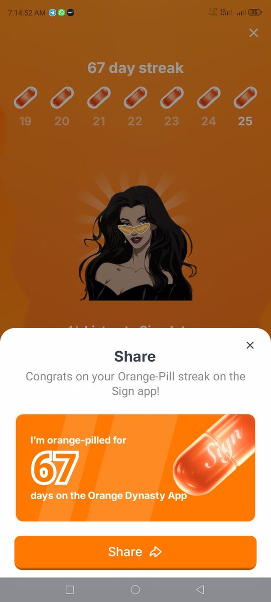 cryptix_al's tweet image. I can&apos;t believe how consistent I am on this home we call an app. Very fun and happy to be, man.  

It&apos;s now a daily ROUTINE. Waking up &amp;amp; the first thing I do is go on $SIGN app, CLAIM MY DAILY STREAK &amp;amp; U know the rest. 

The dedication &amp;amp; consistency, man... 🧡🍊🧡

My day 67 BTW.
