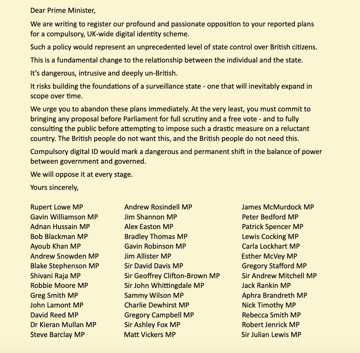 RupertLowe10's tweet image. Repetitive I know, but I'm keen to highlight the growing parliamentary opposition to Digital ID. 
Another signature on our letter - Sir Julian Lewis.
So much of this support is down to you, emailing your MPs. It works. 
A team effort.