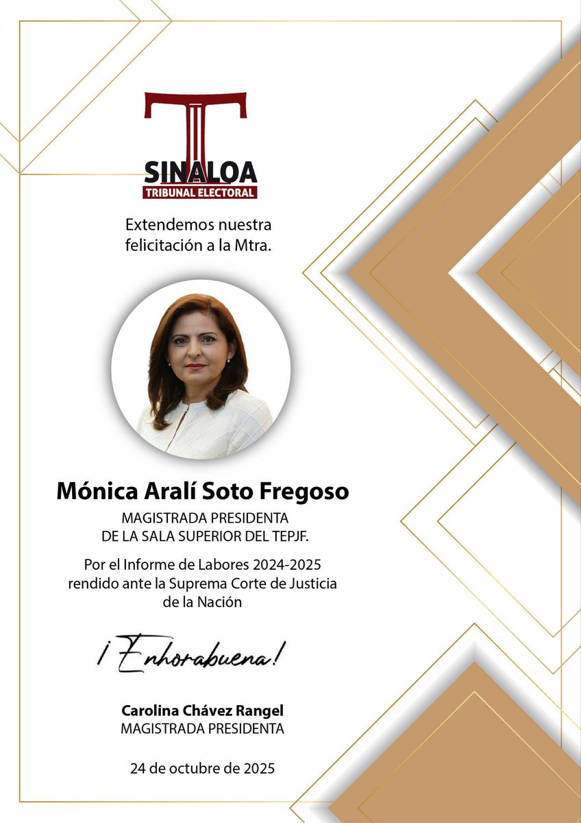 El <a href="/teesin_oficial/">Tribunal Electoral</a> felicita a la Magistrada Presidenta del <a href="/TEPJF_informa/">TEPJF</a>, Mónica Aralí Soto Fregoso, por el Informe de Labores 2024-2025 rendido ante la <a href="/SCJN/">Suprema Corte</a>.