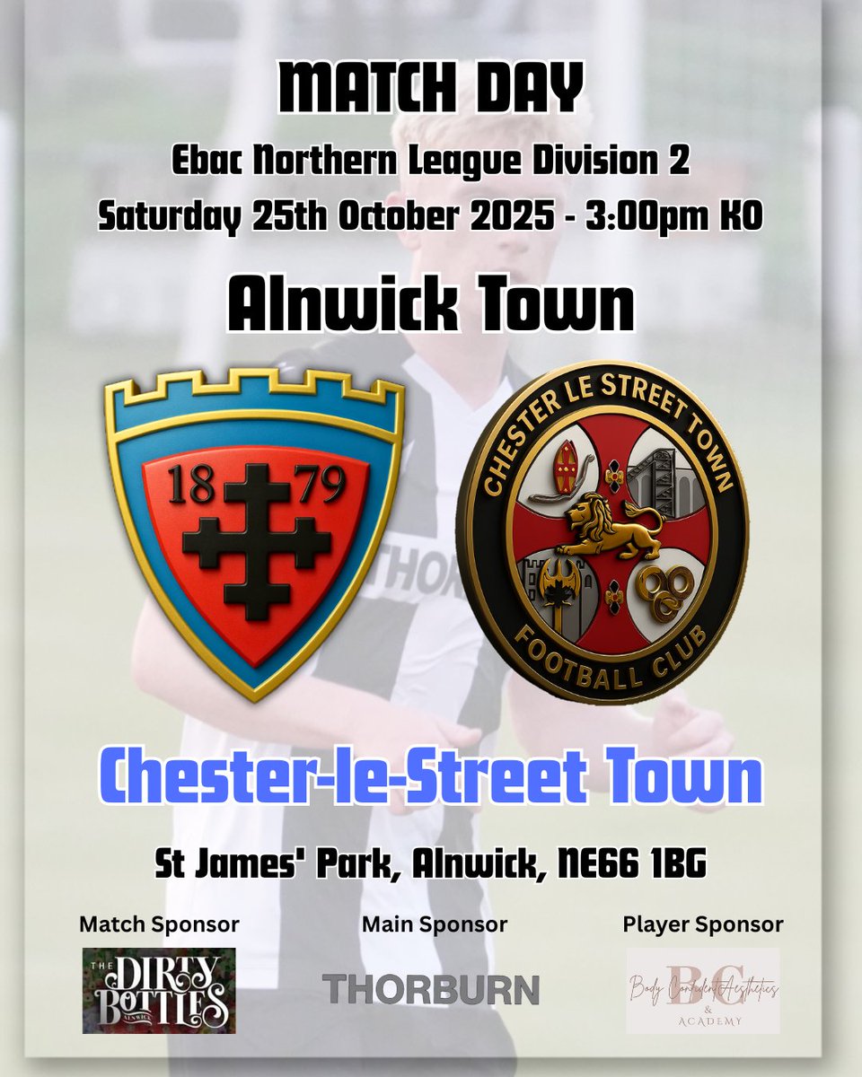 ⚽ Match Day
🏆 <a href="/EbacNorthernLge/">Ebac Northern Football League</a> Division 2
🆚 <a href="/CestrianTweet/">Chester le Street Town FC</a>
🕒 3pm KO
🏟️ St James' Park NE66 1BG 

Main Sponsor - <a href="/ThorburnbrosLtd/">@ThorburnBros</a> 
Match Sponsor - The Dirty Bottles
Player Sponsor - Body Confident Aesthetics &amp; Academy

Haway The Wick! ⬛⬜