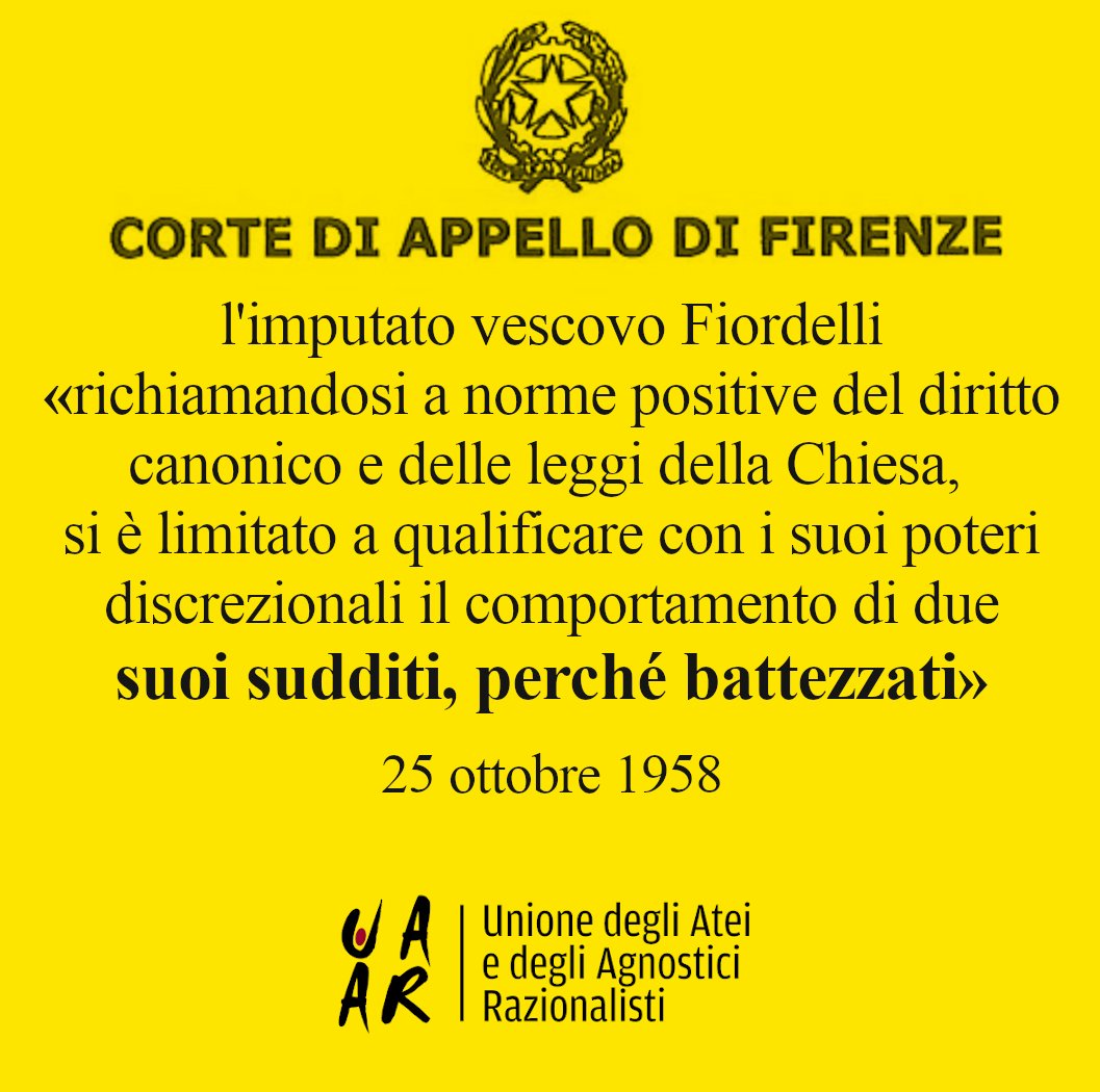 Poteva farlo in quanto erano “suoi sudditi, perché battezzati”. Nel 1958 la Corte d’appello di Firenze assolve il vescovo di Prato che diffama due giovani sposati civilmente. Il caso dei "concubini di Prato" ricorda una delle ragioni per sbattezzarsi. 👇 sbattezzo.it