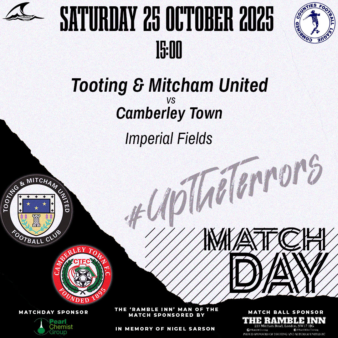 IT’S MATCHDAY

Today Tooting return to league action with a home game against Camberley Town.

Under 18s FREE.

Kick off 3pm.

Please come down to support the team.

🖤🤍📣

🏆Cherry Red Records Combined Counties Premier South League
⚽️<a href="/CamberleyTownFC/">Camberley Town</a> 
🗓️Saturday 25 October, 3pm