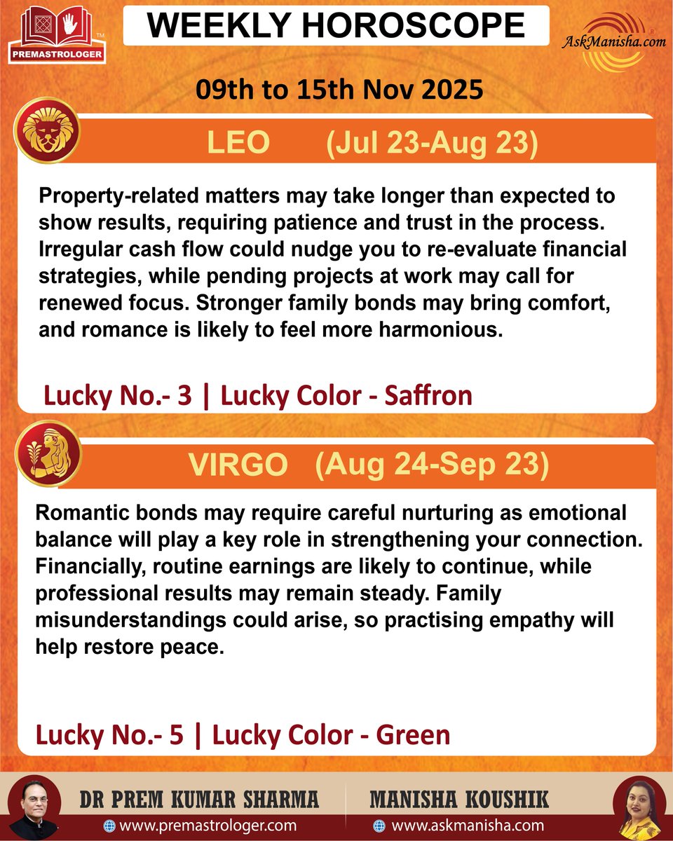 premastrologer's tweet photo. Weekly Horoscope 9th to 15th Nov’ 2025

#Aries #Taurus #Gemini #Cancersign #Leo #Virgo
#weeklyhoroscope

To check your sign pls click the link below:
https://t.co/oEtBrLnw0A
For personal consultation at +919216141456 https://t.co/Q6vC70hzyQ