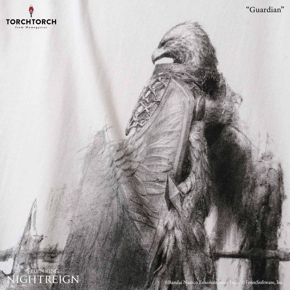 torchtorch_jp's tweet image. 【一般販売開始】
『ELDEN RING NIGHTREIGN』より「守護者」のTシャツが、各店と公式ECサイトに入荷いたしました。鋭いまなざしで精悍に立つ彼の姿を、画家・青木薫氏 @iperuipeが描き下ろし。美しい木炭画で表現された質感の描き分けや空間の奥行きなど、見どころが満載です。torchtorch.jp/product/elden_…