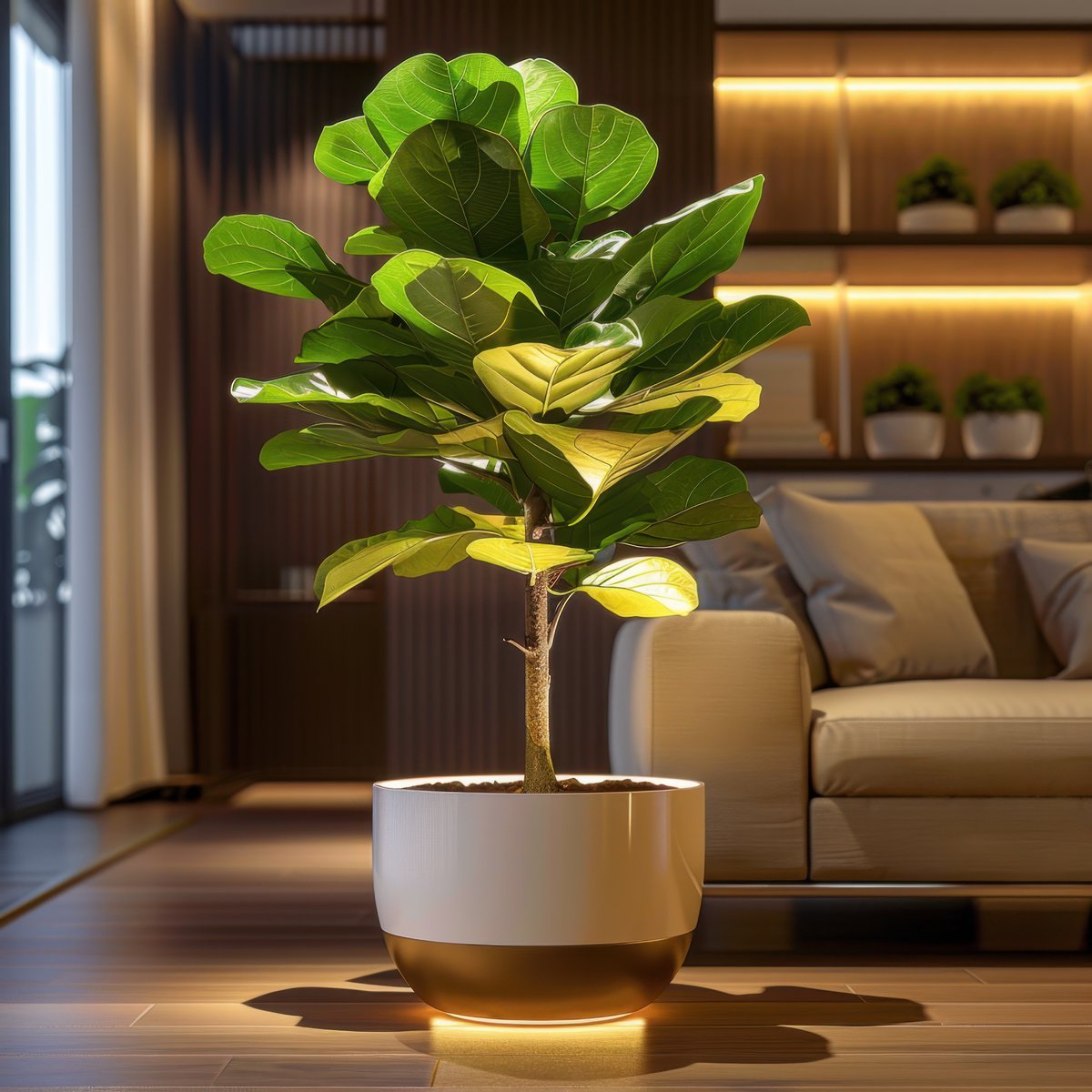 interiorsEA's tweet photo. Talk about a glow-up! ✨ I'm obsessed with how this planter lights up the room and makes this fiddle leaf fig the star of the show. It’s the perfect touch for a cozy, modern vibe. What do you think of planters with built-in lighting? https://t.co/ikFRwhFCFO