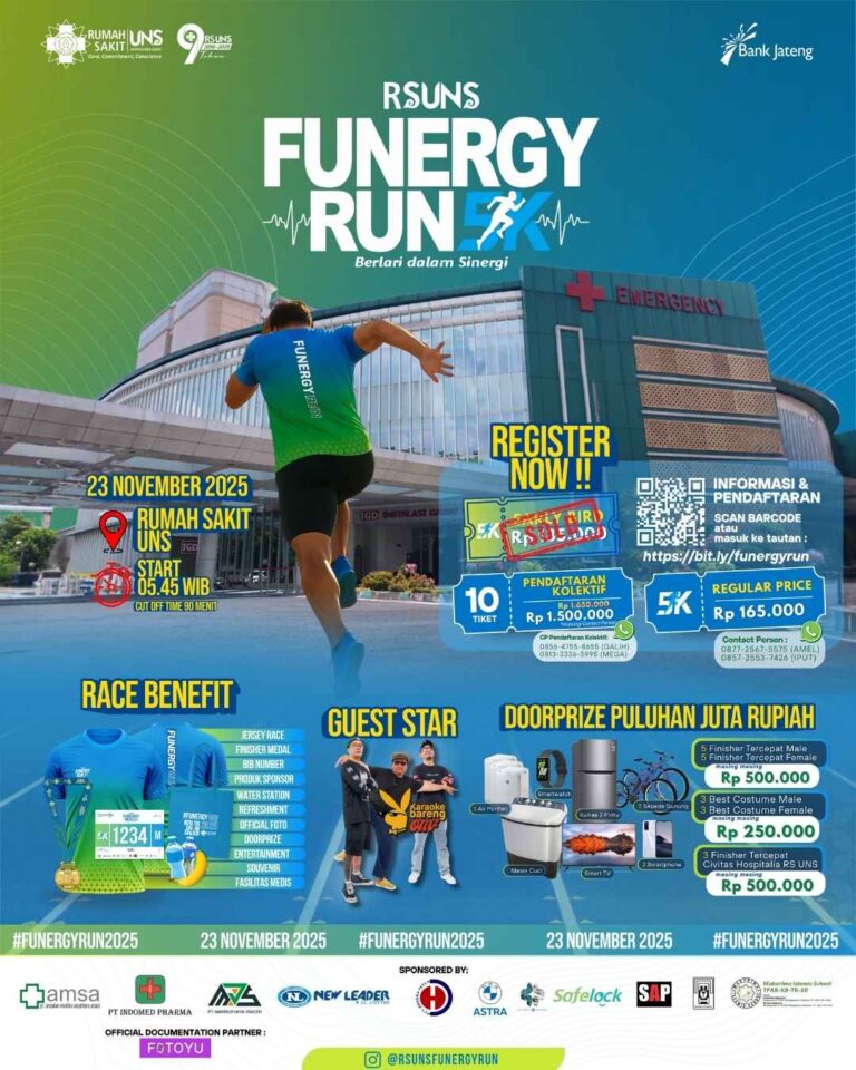 👟RS UNS Funergy Run 2025 
🗓️Minggu, 23 November 2025 
🏃‍♂️5K
🏠Rumah Sakit Universitas Sebelas Maret, Jl. A. Yani No.200, Sukoharjo, Jawa Tengah 

#JadwalLari #KalenderLari #InfoLari #EventLariSolo #RSUNSFunergyRun2025