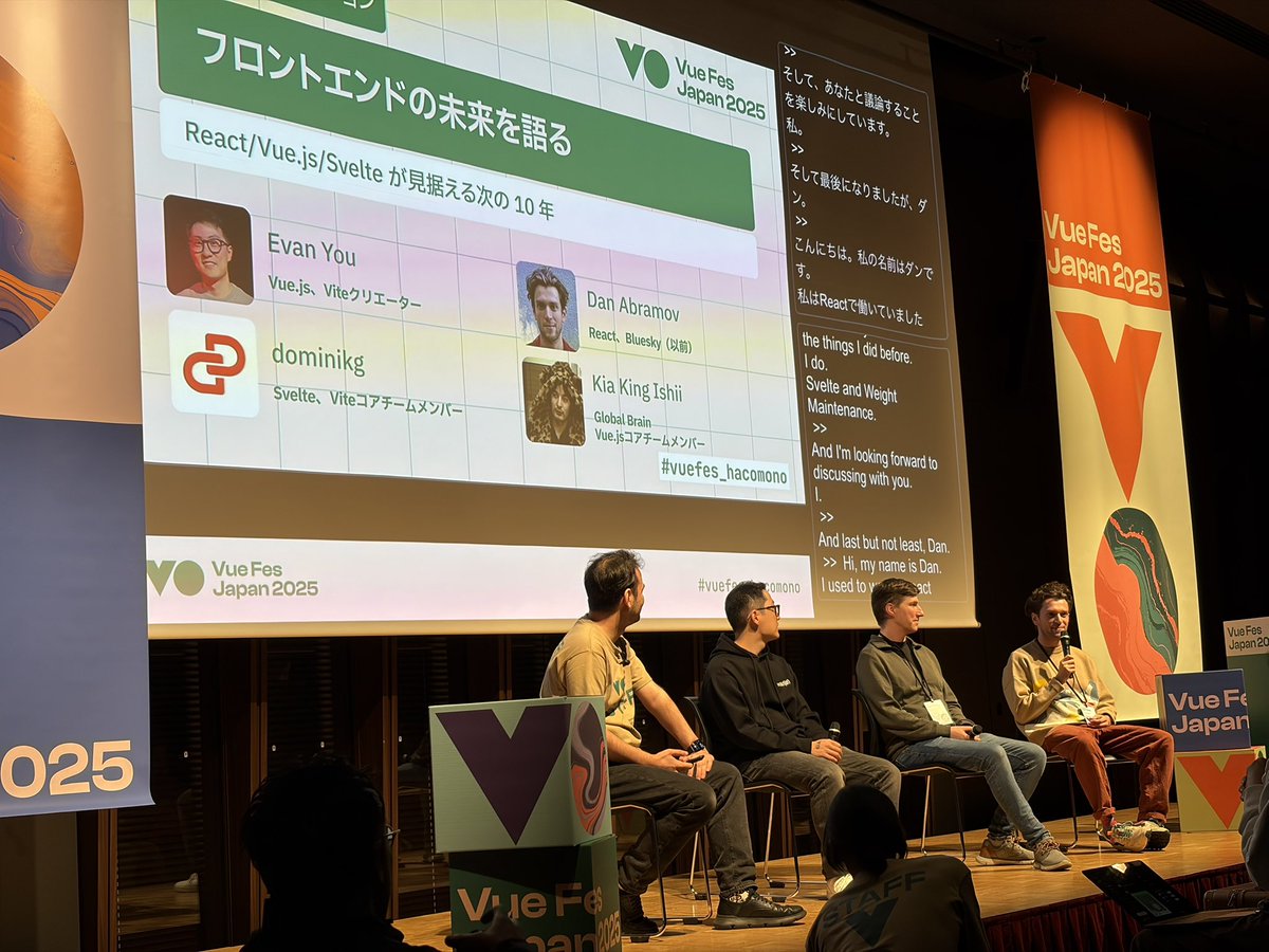 clockmaker's tweet image. 豪華なパネルディスカッション。
Vue.js のエバン・ユー、Reactのダン、Svelteのdominikg。

当然ながら会場は満席で、立ち見がでるほど。
 #vuefes