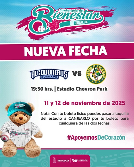 ⚾️ ¡Aficionados, atención!
El Cuadrangular del Bienestar regresa al Estadio Chevron Park en Guasave 🏟️
📅 11 y 12 de nov 2025 | 🕢 19:30 h
💥 Algodoneros vs. Cañeros
Quienes tengan boleto físico podrán canjearlo en taquilla. 🎟️
¡Apoyemos de corazón! 💙💚