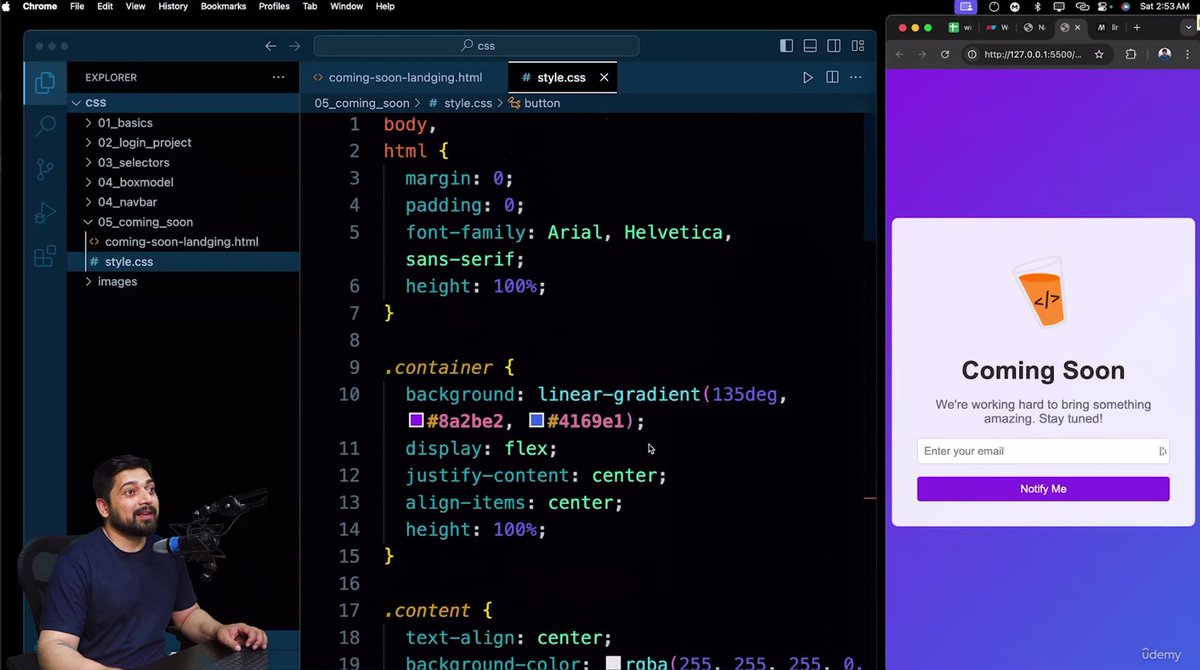 codeXninjaDev's tweet image. Day 14 of #WebDevTortoiseChallenge 🐢 by @ChaiCodeHQ @Hiteshdotcom 
Built a Coming Soon page using linear-gradient, object-fit, rem, SVG, Google Fonts, box-shadow & transition.
Also learned Flexbox: flex-direction, justify-content, align-items, flex-wrap, order, flex-grow.
#udemy