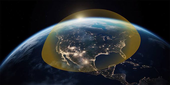 A man with short dark hair wearing a dark blue suit red tie and white shirt stands at a podium speaking into two black microphones against a blurred rocky reddish background. The first image shows Xi Jinping in formal attire addressing an audience. The second image depicts Earth from space with the North American continent illuminated by city lights at night under a glowing yellow semi-transparent dome overlay extending over the region with a sunrise effect on the horizon.