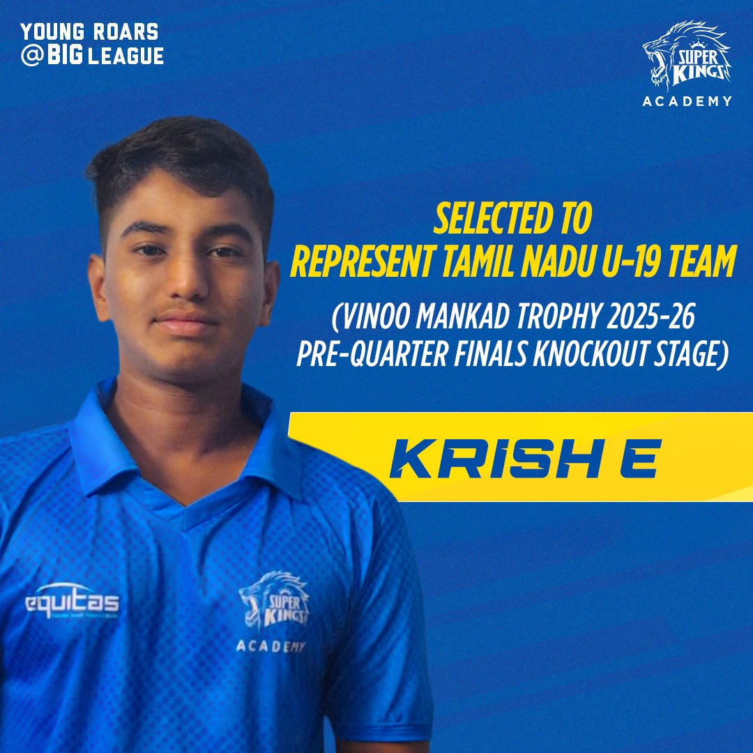 Congratulations to Krish E for representing the Tamil Nadu Under-19 team in the Vinoo Mankad Trophy 2025–26 Pre-Quater Finals knockout stage 💪

#SuperKingsAcademy 🏏
#TrainLikeASuperKing 🦁 #TamilNadu #Under19 #VinooMankad

(SKA, Cricket, Sports, TamilNadu, Under19)
