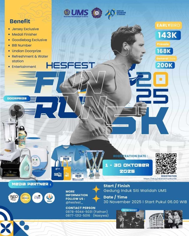 👟Hesfest Fun Run 5K 2025
🗓️Minggu, 30 November 2025 
🏃‍♂️5K
🏠Universitas Muhammadiyah Surakarta, Jl. A. Yani, Kab. Sukoharjo, Jawa Tengah 

#JadwalLari #KalenderLari #InfoLari #EventLariSolo #HesfestFunRun2025