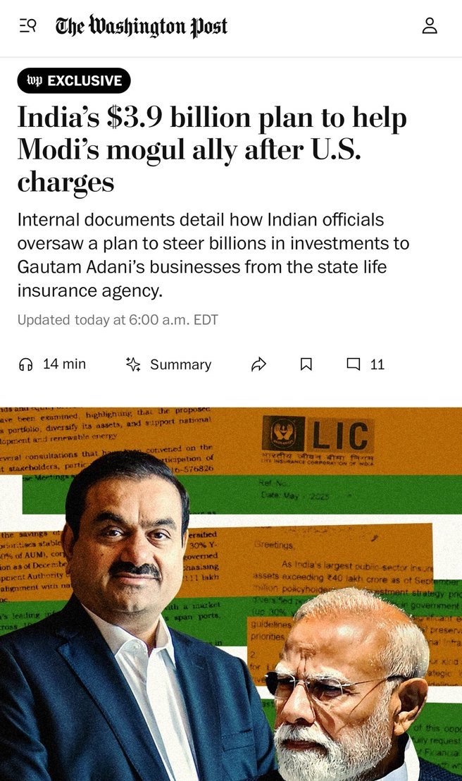 AamAadmiParty's tweet photo. अपने दोस्त के लिए पूरे देश को बर्बाद कर रहे मोदी‼️

👉अमेरिकी अखबार Washington Post की ख़बर के अनुसार, मोदी सरकार ने मई मे�� LIC पर लगभग ₹32,000 करोड़ ($3.9B) अपने ख़ास दोस्त Gautam Adani के कारोबार में लगाने का दबाव बनाया। 

जिस LIC को गरीबों की सुरक्षा के लिए बनाया गया था, आज उसी का इस्तेमाल मोदी जी के खास दोस्तों के नुकसान की भरपाई और उनके व्यापार को बचाने के लिए किया जा रहा है।