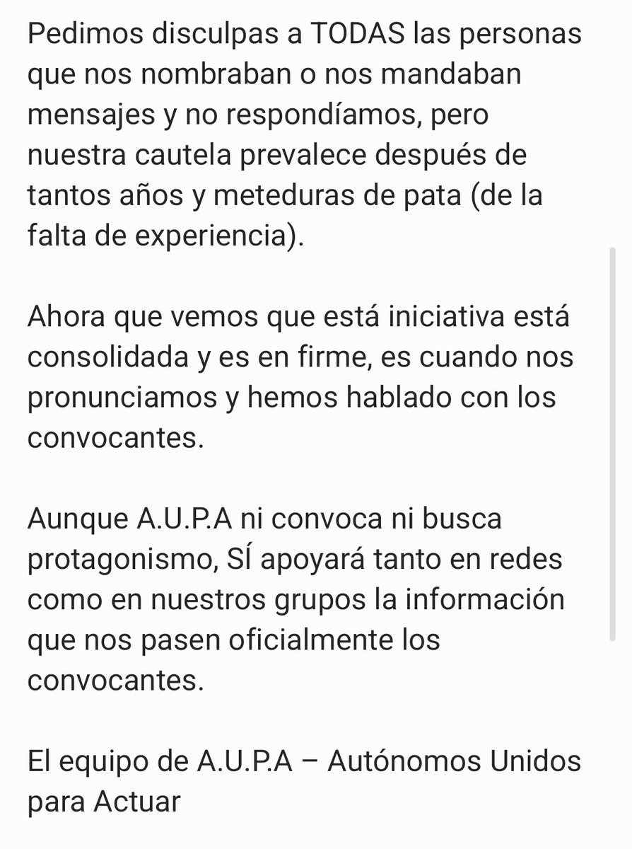 📢 Comunicado de apoyo a la manifestación de los autónomos que se celebrará el 30 de noviembre: 

"Aunque A.U.P.A ni convoca ni busca protagonismo, SÍ apoyará tanto en redes como en nuestros grupos la información oficial que nos pasen los convocantes".

A por todas, autónomos.