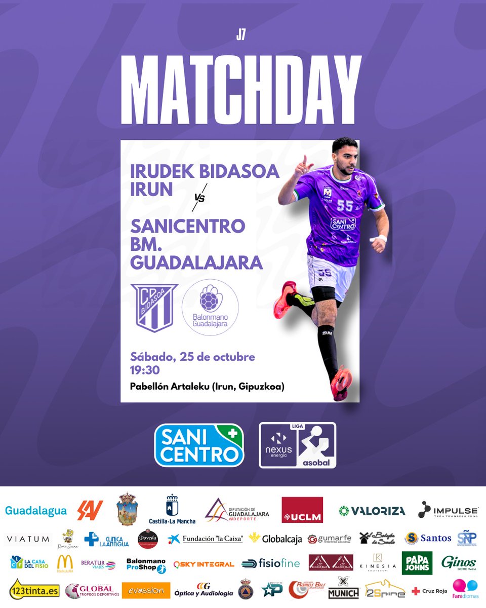 🏆 𝗠𝗔𝗧𝗖𝗛 𝗗𝗔𝗬 J7
✨️Liga NEXUS ENERGÍA <a href="/ASOBAL/">ASOBAL</a> 

🆚 <a href="/CDBidasoaIrun/">CD Bidasoa Irun</a>
📆 Sábado | 25 de octubre 
⏰ 19:30h
🏟️ Artaleku 
📍 Irún, Guipúzcoa 

💻 𝗧𝗩 | <a href="/LaLigaPlus/">LALIGA+</a> /<a href="/CMM_Play/">CMMPlay</a>

💜 #VamosGuada!!