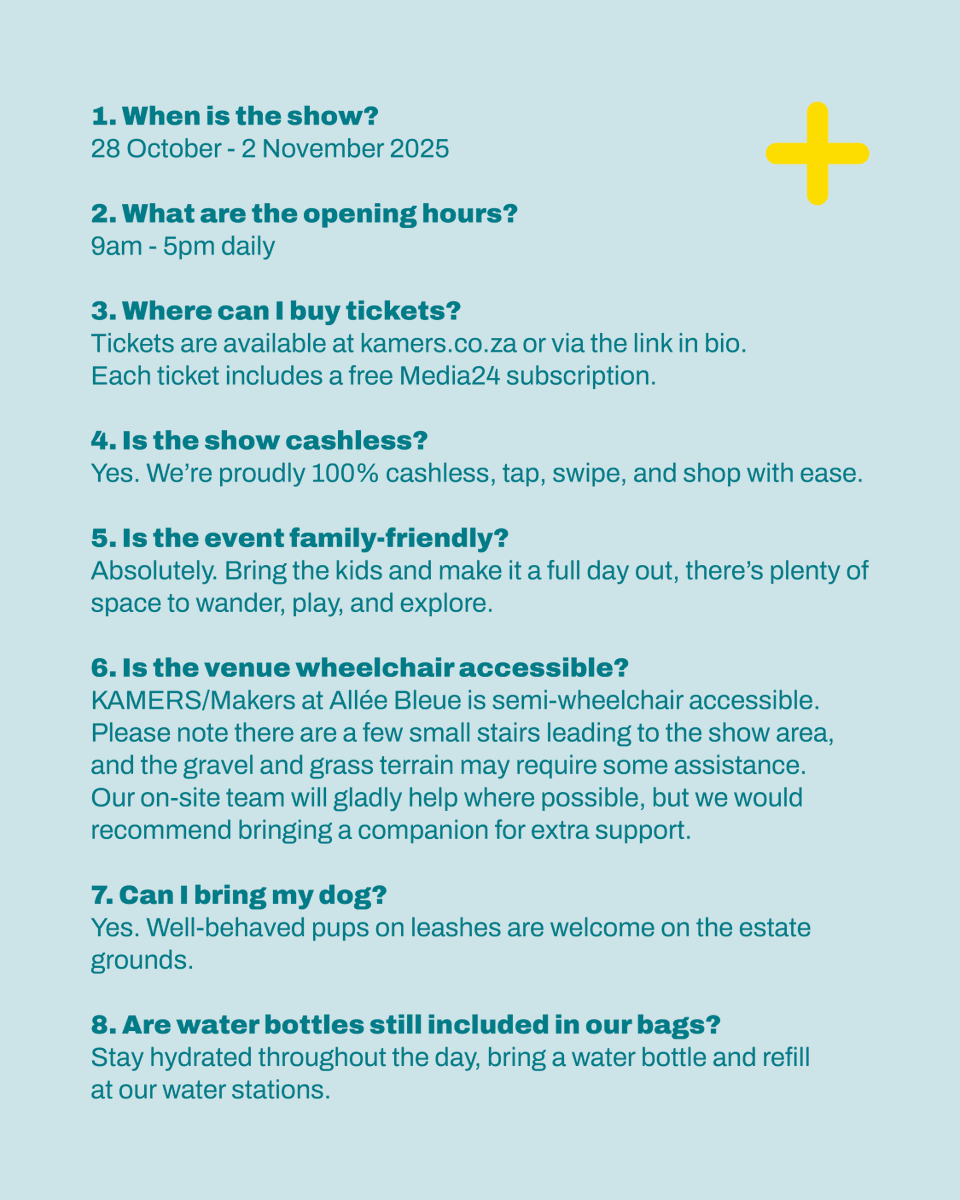 Kamersmakers's tweet image. Your Winelands FKMWinelands #FAQ #AlléeBleuenow before you go!
We’ve gathered your most-asked questions to make planning your KM Winelands visit at Allée Bleue a breeze! Save this post and swipe through before you head out.