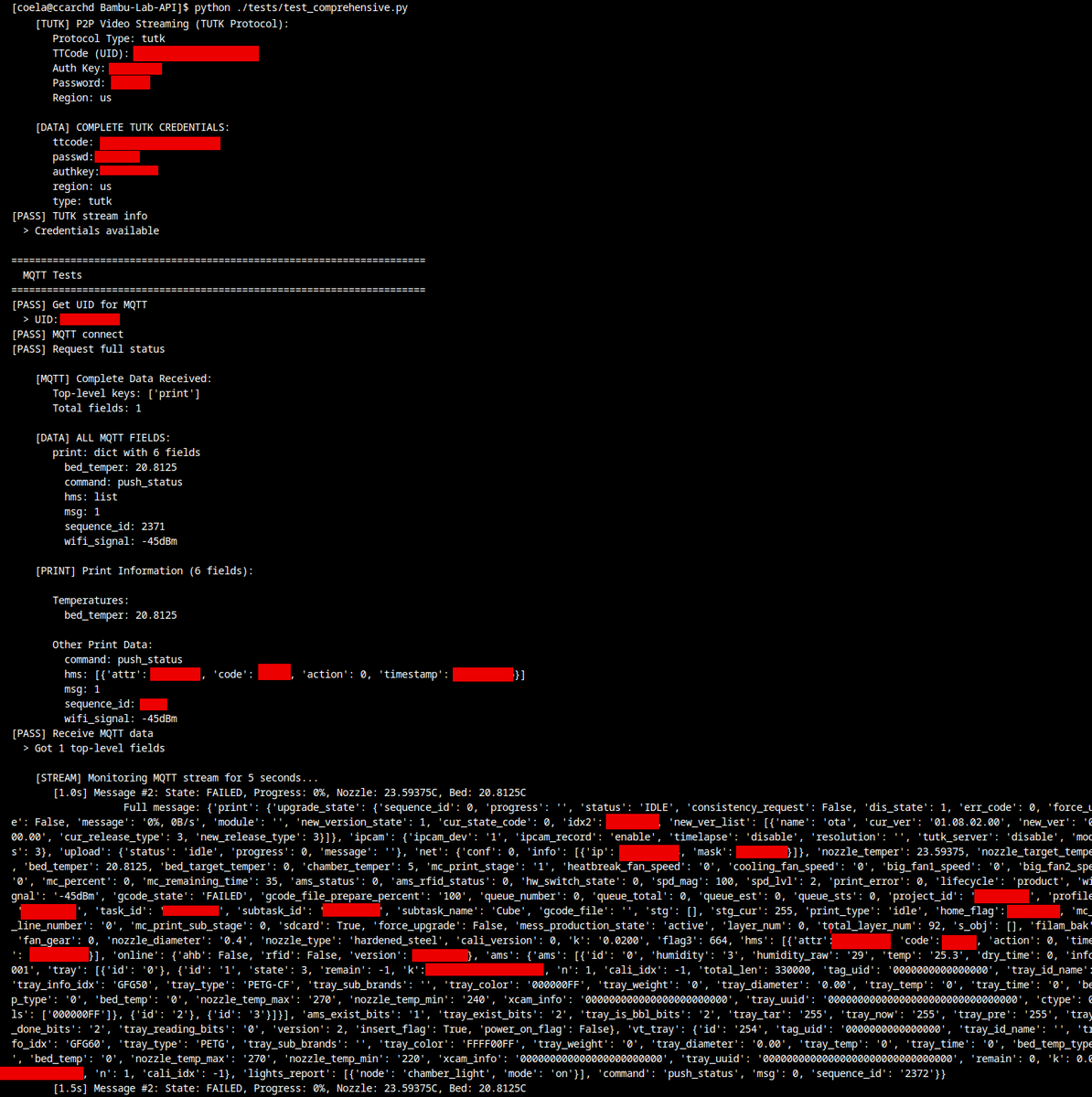 Coelacant1's tweet photo. Well, had another unexpected tangent... I reverse engineered Bambu Labs Cloud API so I can keep printers out of local mode while having full API access for MQTT data/commands, file uploads, video streaming, etc. https://t.co/uf6Dhj4pgS